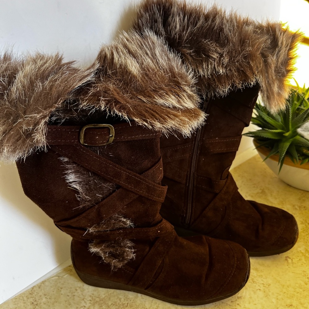 Brown Faux Fur Heeled Boots